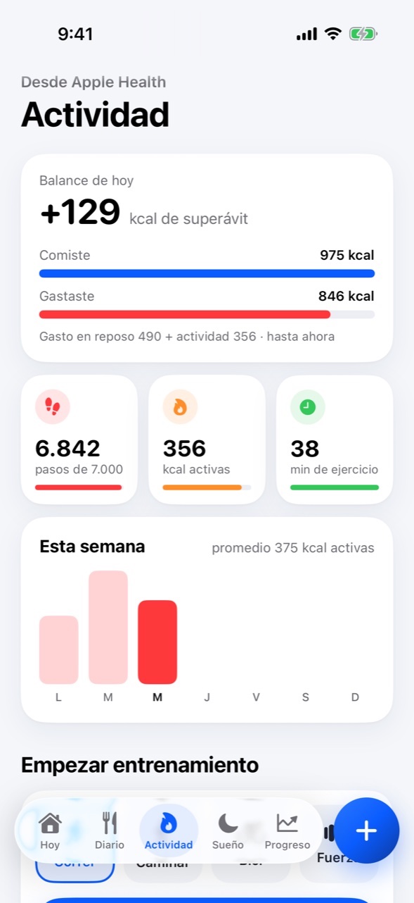 Pantalla Actividad: balance de energía del día, 6.842 pasos, 356 kilocalorías activas y 38 minutos de ejercicio.